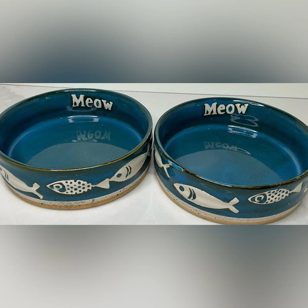 2 Spectrum Designs Pet Bowls Dishes Meow Ceramic Cat Faces 4.9 Dark Blue New